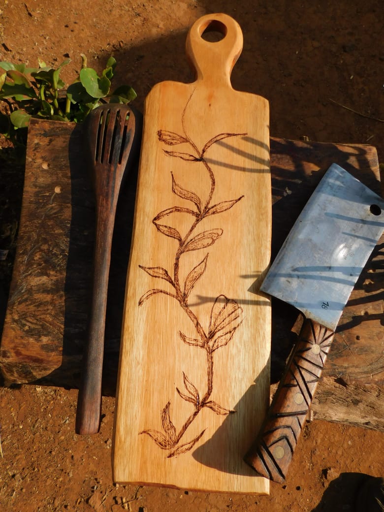Artisan African Redgum Charcuterie board with hand drawn pyrography art