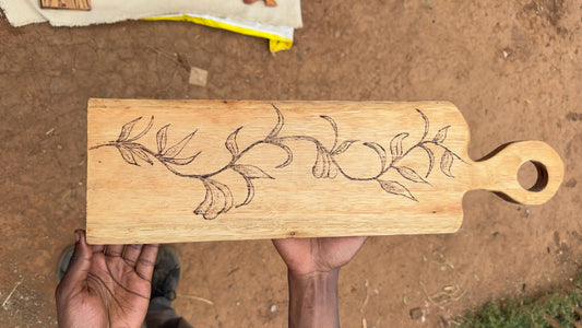Artisan African Redgum Charcuterie board with hand drawn pyrography art